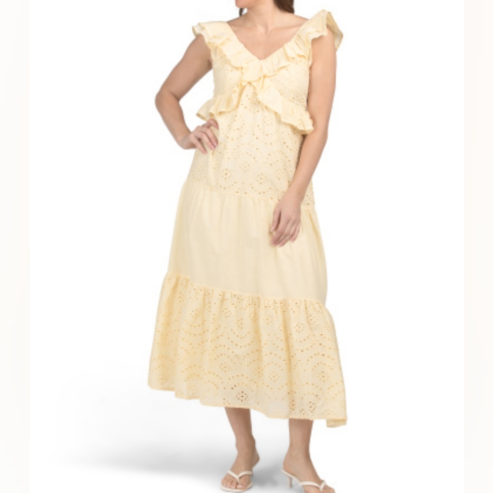 NWT - Cotton LEA Flan Flutter Sleeve Embroidered Eyelet Maxi Dress - Size XL
